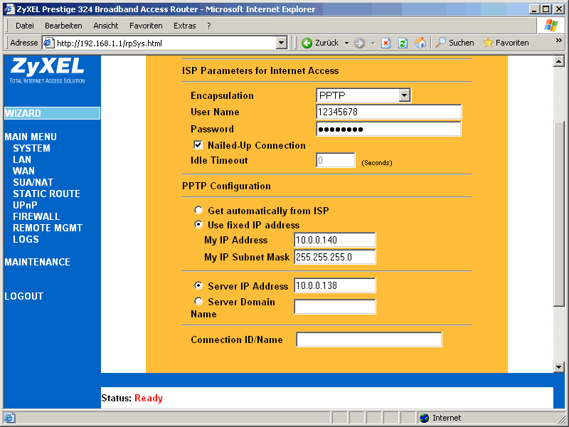 PPTP auswhlen, Benutzername und Passwort eintippen, PPTP Konfiguration eingeben