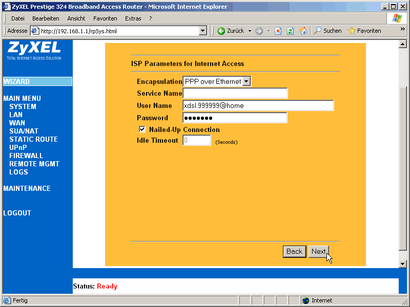 PPPoE auswhlen, Benutzername und Passwort eintippen